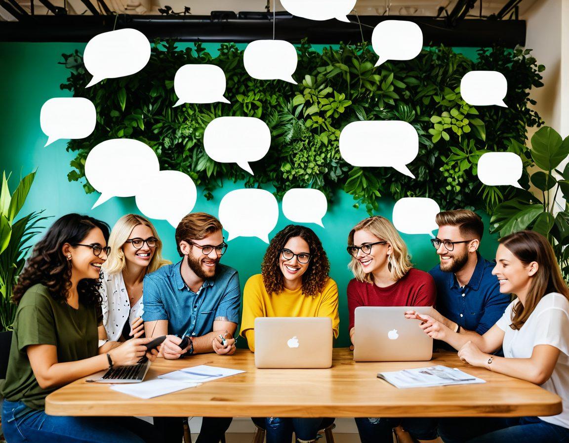 A dynamic composition showing a diverse group of bloggers engaging with their audiences through tablets and laptops, with vibrant speech bubbles filled with interactive content ideas swirling around them. Include elements like a blog interface with lively comments and polls, the backdrop of a bright, inviting workspace with plants and a cozy vibe. Emphasize excitement and creativity in blogging. super-realistic. vibrant colors.
